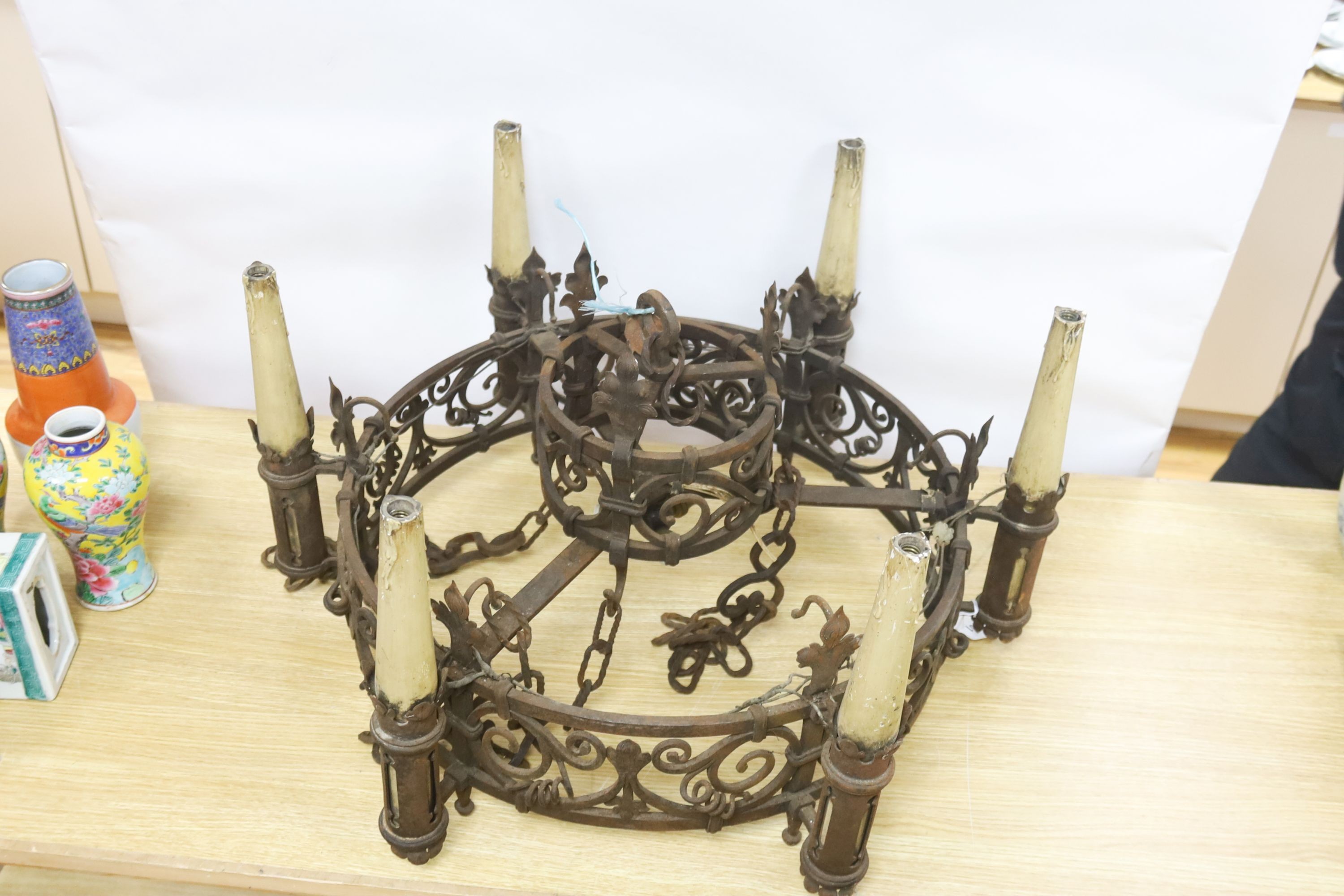 A Neo Gothic wrought iron six light ceiling light 75cm
